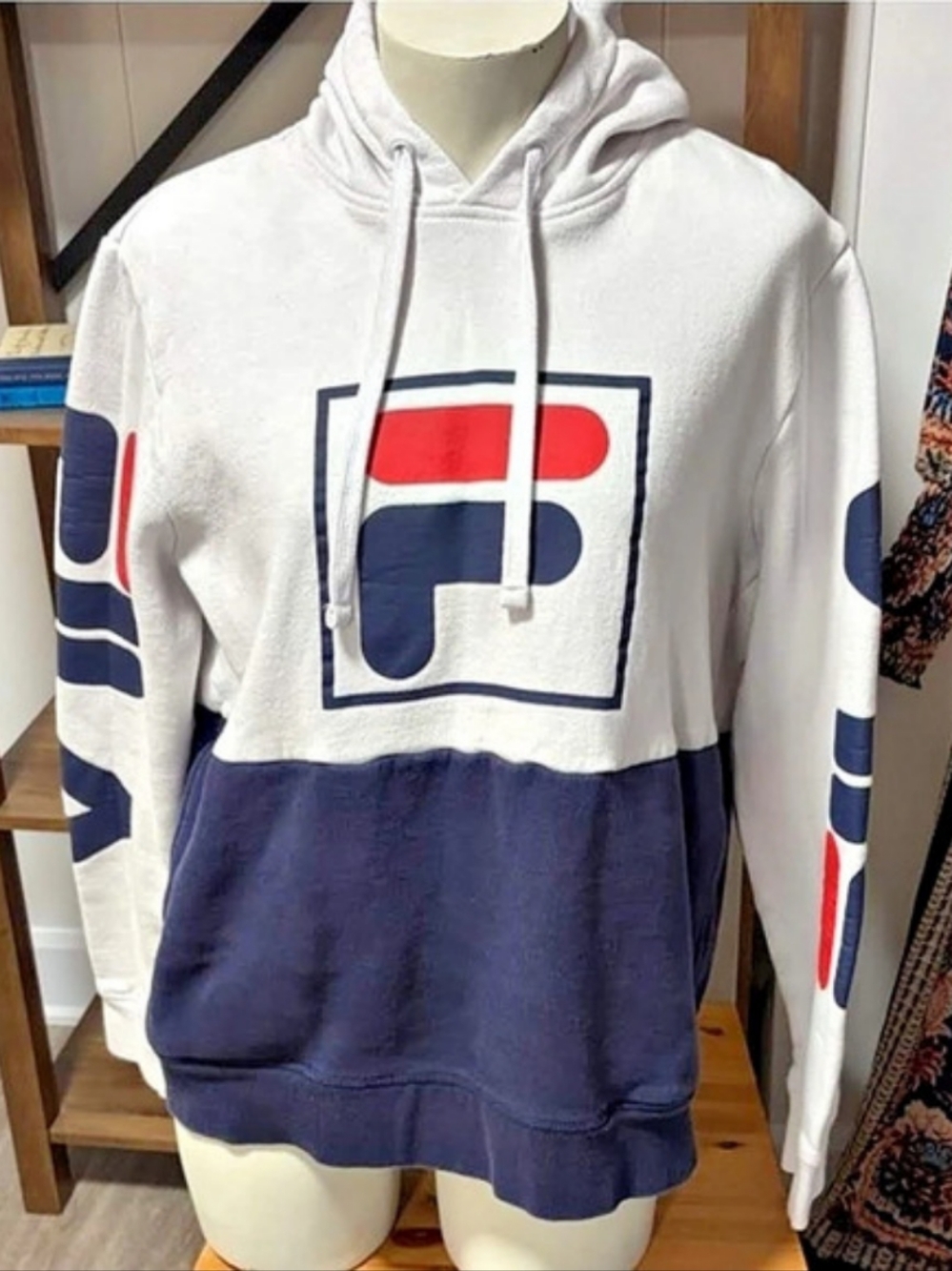 FILA Colorblock Logo Pullover Hoodie White & Blue Medium.